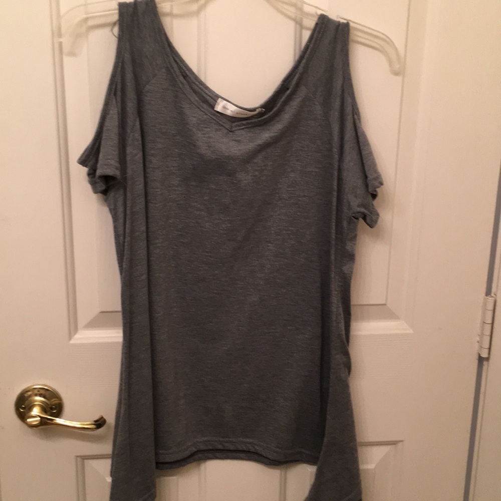 Grey T-shirt Top with Cut our Shoulders